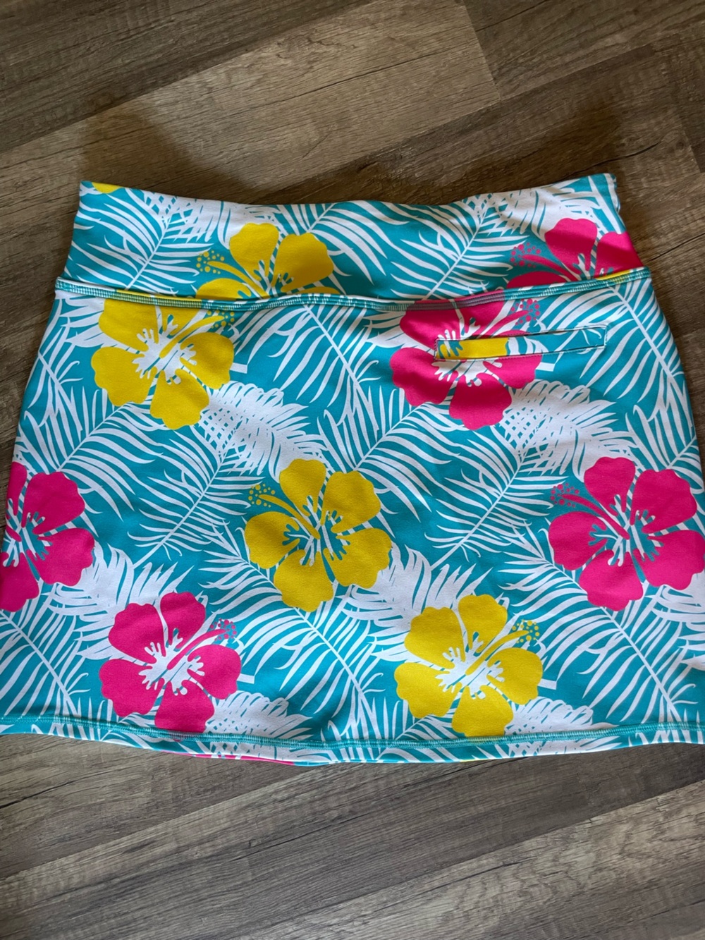 Loudmouth Turquoise Floral Tropical Skirt with Pink & Yellow Hibiscus